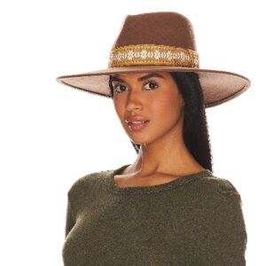 Brixton Joanna Felted Brown Hat with patterned ribbon.